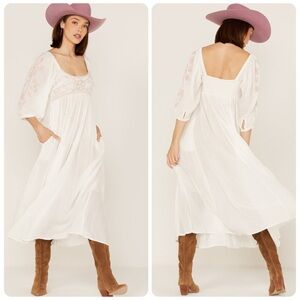 NWT Free People Women's Wedgewood Embroidered Long Puff Sleeve Midi Dress Small